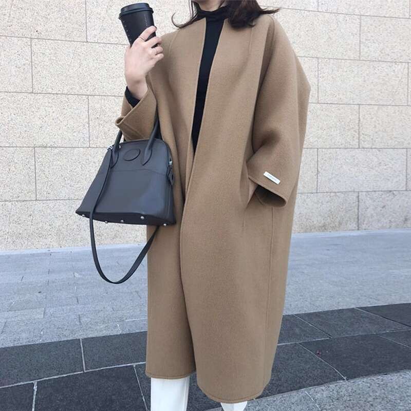 Korean Chic Minimalist Women's Autumn And Winter Temperament Double Pocket Long Sleeved Mid Length Cardigan Woolen Jacket