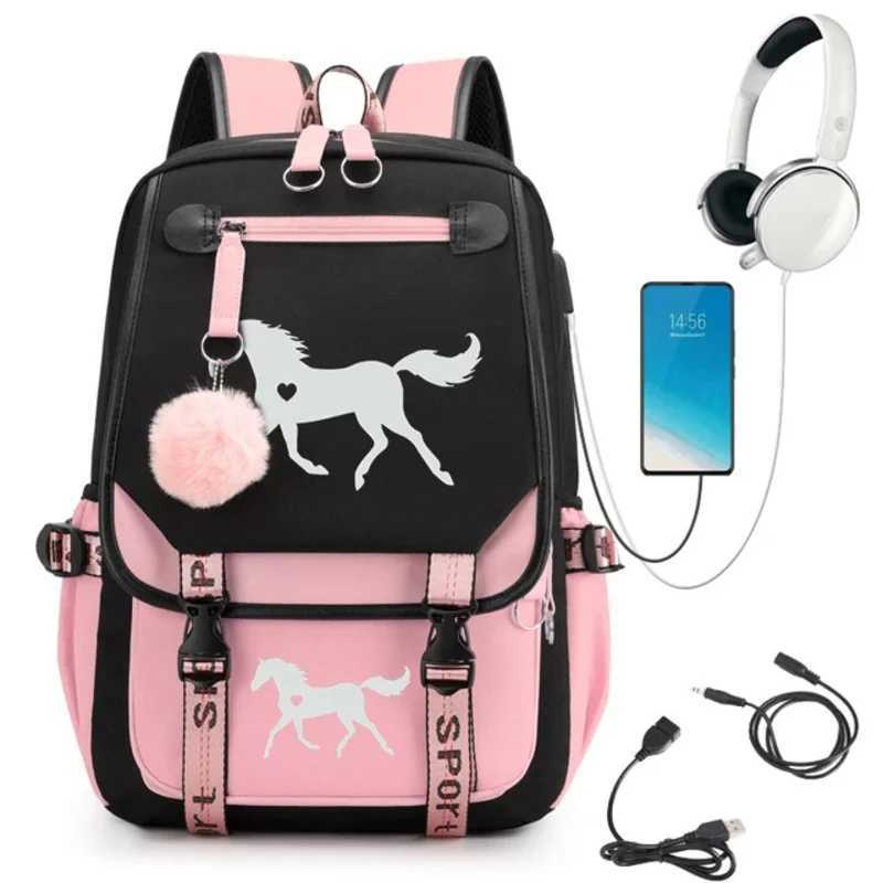 Schoolbag for Girls Large Capacity High School Student Backpack Horse Heart Carto Bagpack Usb BookbagXJ241026