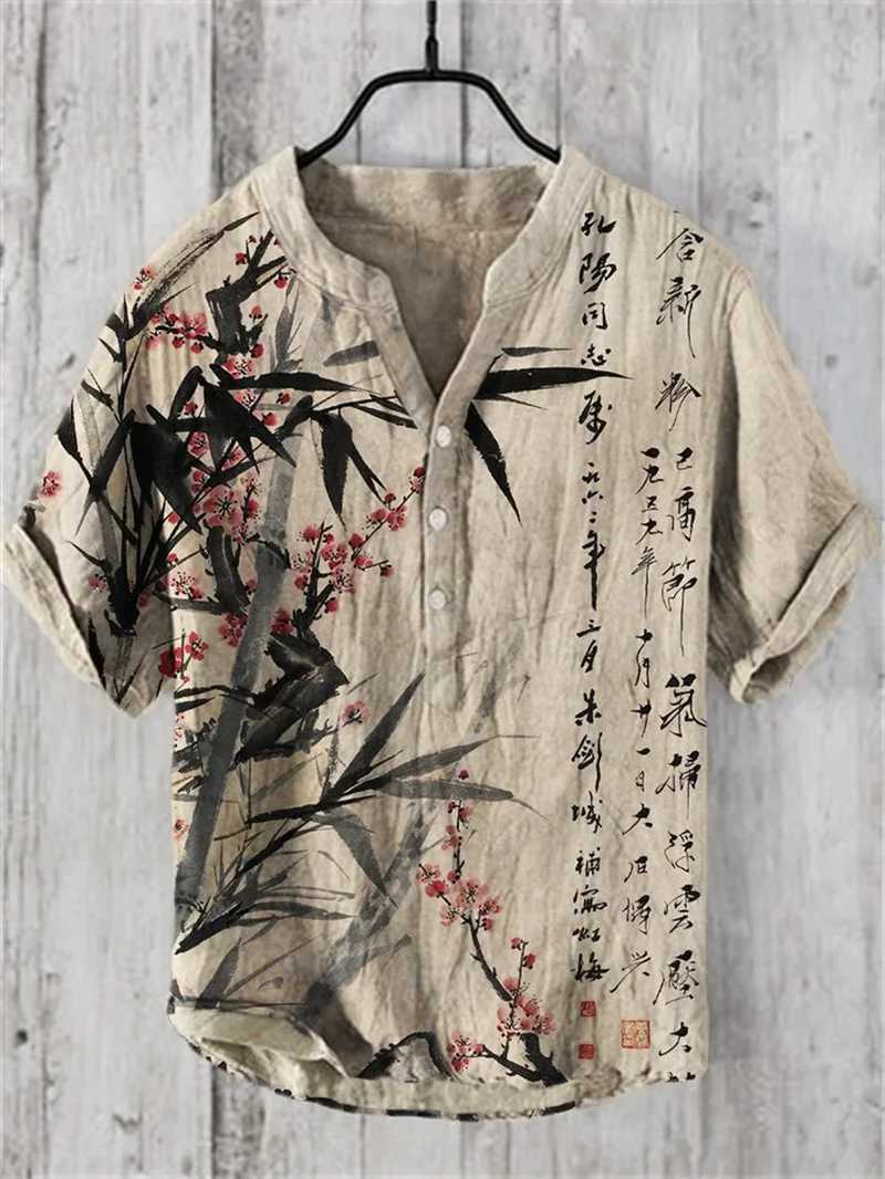 Linen mens fashionable casual shirt short sleeved top 3D printed pattern clothing 2024 Haiyi mens social shirt high-end W241026
