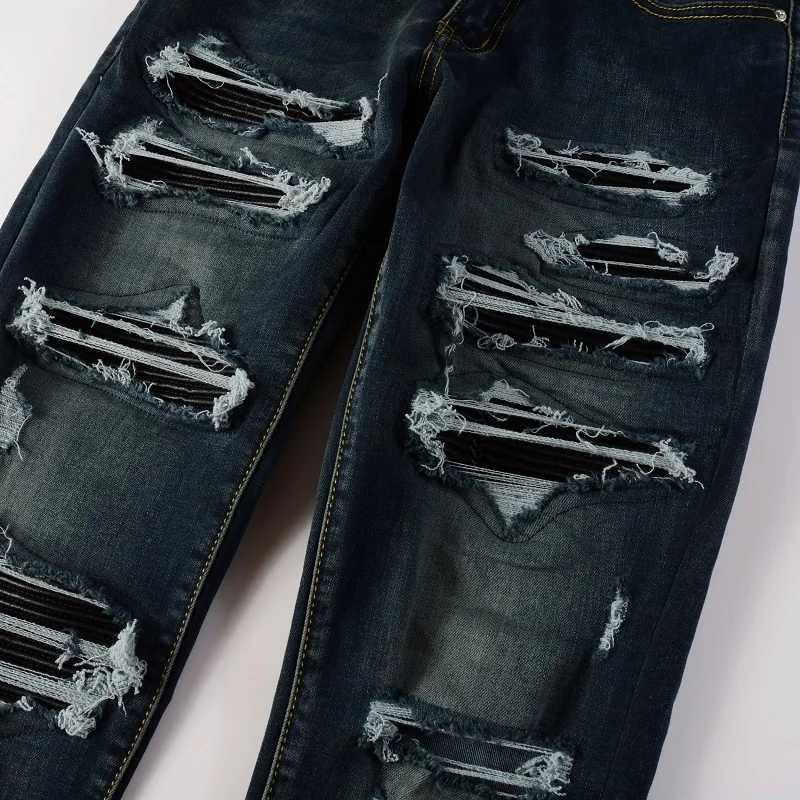 Men Black Leather Patches Denim Jeans Streetwear Skinny Tapered Pants Holes Ripped Dark Blue Stretch Trousers X250812