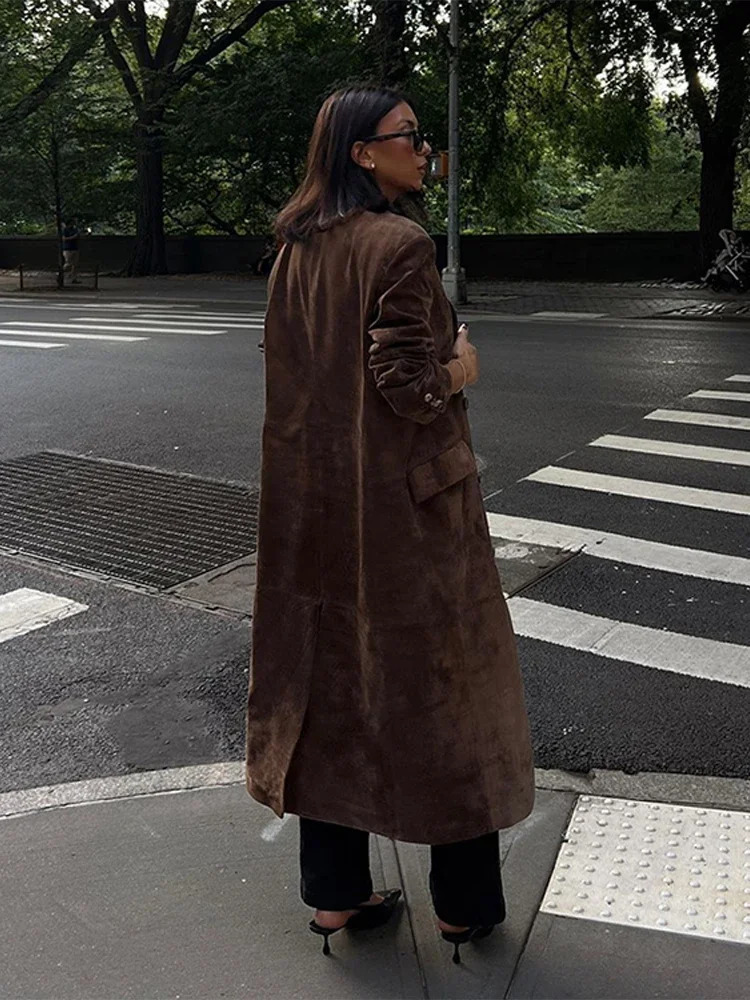 Fashion collar double chest womens oversized jacket elegant suede leather womens long sleeved jacket autumn long jacket 241025