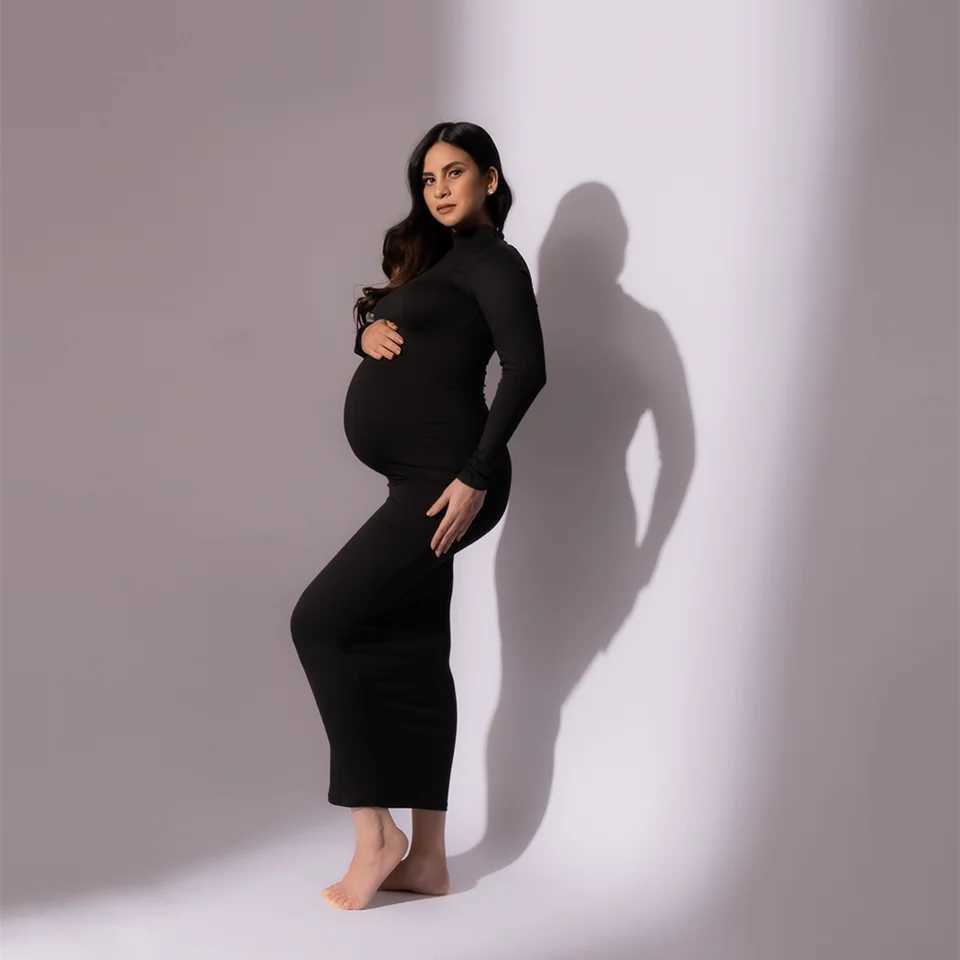 High neck full sleeved tight fitting dress for pregnant women used in photography stretch long dress for pregnant women W241026