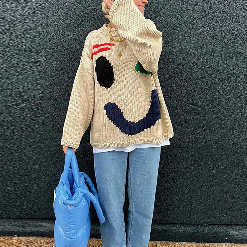 2024 Autumn Womens Oversized Sweaters O Neck Knitwear Long Sleeve Loose Fit Pullovers Female Casual Smile Boho Sweater Tops 241025