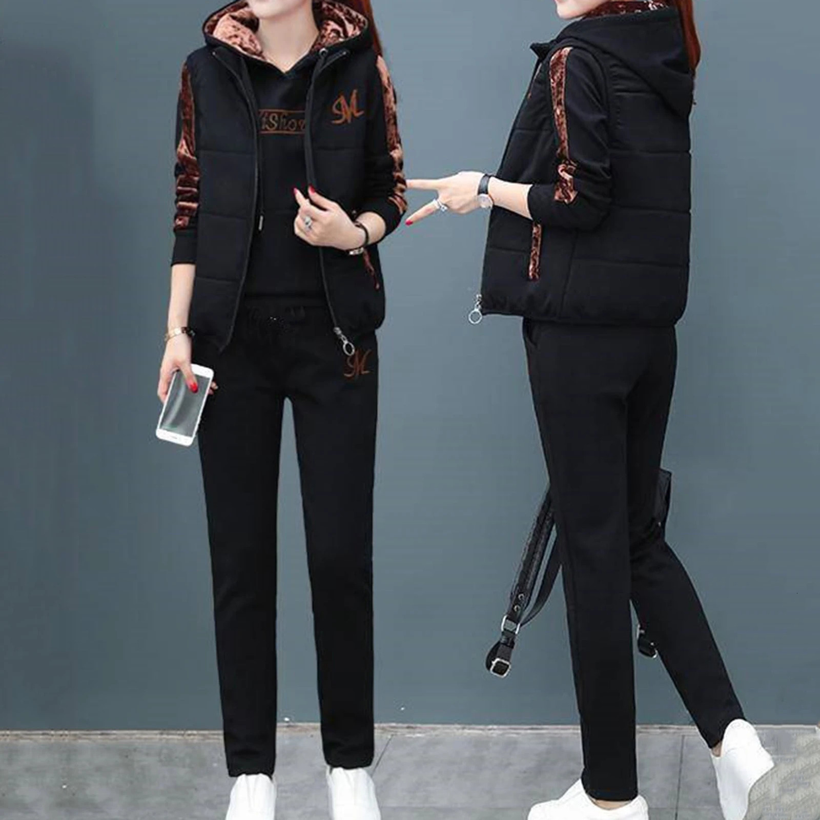 3 pieces/set of fashionable letter printed womens hoodies jogging pants zippered vests thick casual clothing school drawers 241025