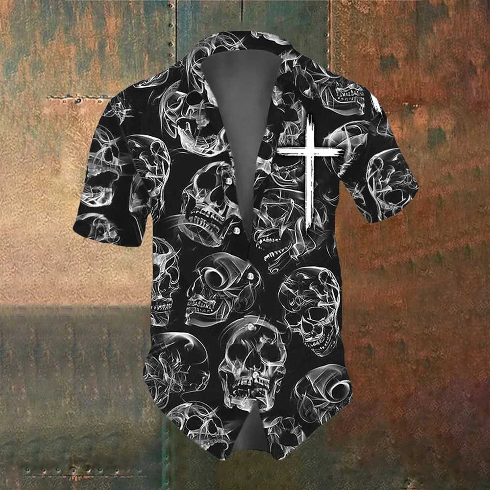 Skeleton Summer Mens Short Sleve Shirt Strt Fashion Top Rose Skull Pattern Mens Casual Oversized Shirt W241026