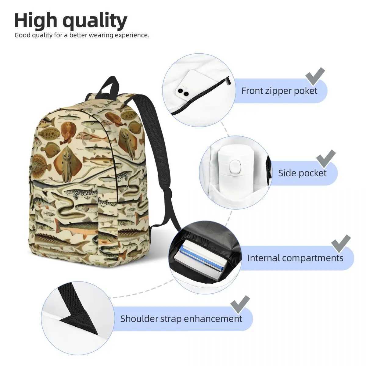 Fish Chart Fisherman Fi Backpack Outdoor High School Business Fishing Marine Daypack for Men Women College Shoulder BagXJ241026