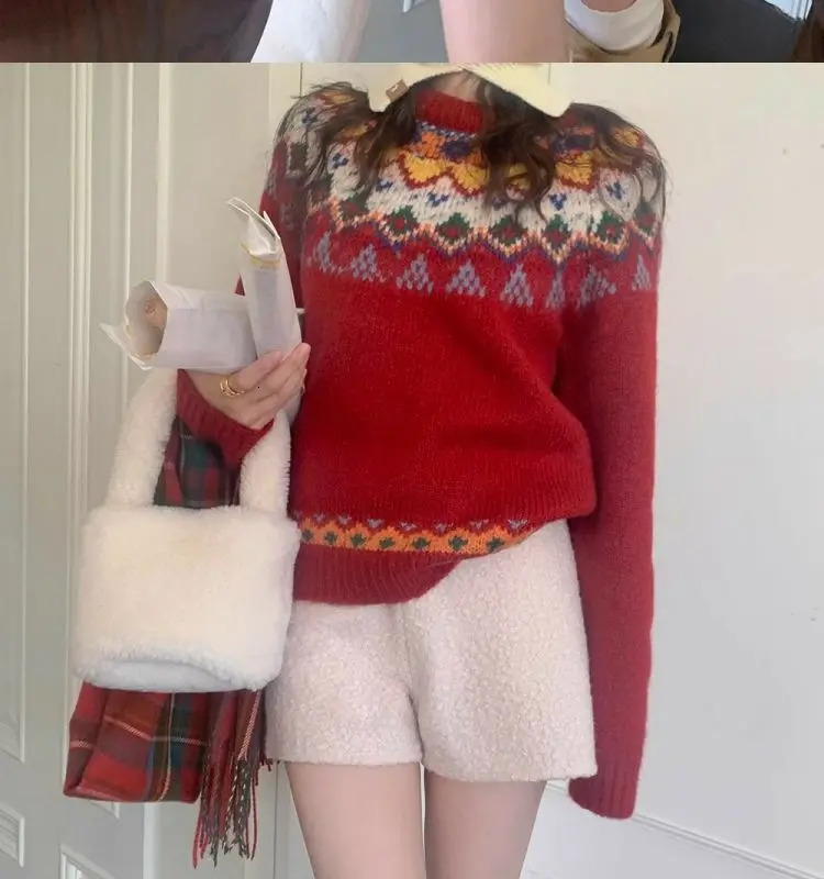 Fair Isle Retro Pattern Womens Sweater Cute Christmas Red Knitted Floral Comfortable Winter Parachute Loose Oversized 241025