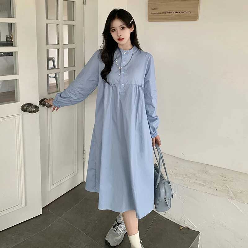 2024 Spring Pregnant Cotton Dress Denim Blue Bracket Collar Pregnant X Large Dress W241026