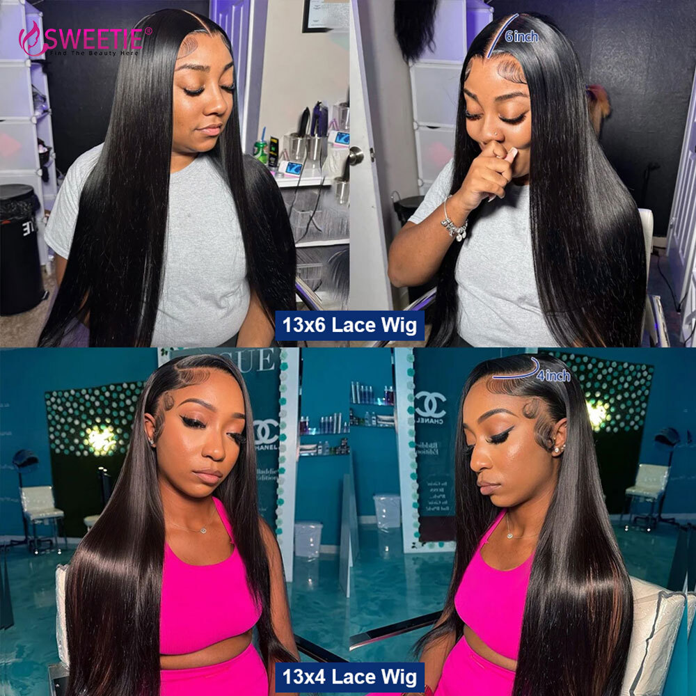 Peruvian 13x6 HD Lace Frontal Wig PrePlucked With Baby 180%Density Natural Black 34inch Straight Human Hair Wigs