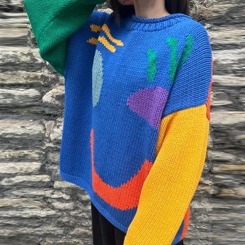 2024 Autumn Womens Oversized Sweaters O Neck Knitwear Long Sleeve Loose Fit Pullovers Female Casual Smile Boho Sweater Tops 241025