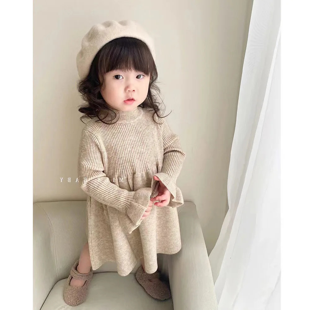 Girls Casual Dresses Children Clothing Woolen Yarn Skirt Winter Knitting Long Sleeved Korean Baby Underlay 241025