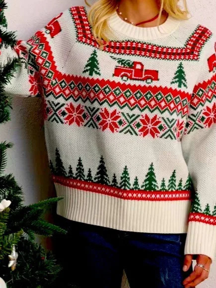 Autumn and Winter Classic Casual Lazy Christmas Tree Jacquard Embroidery Round Neck Pullover Sweater 241025