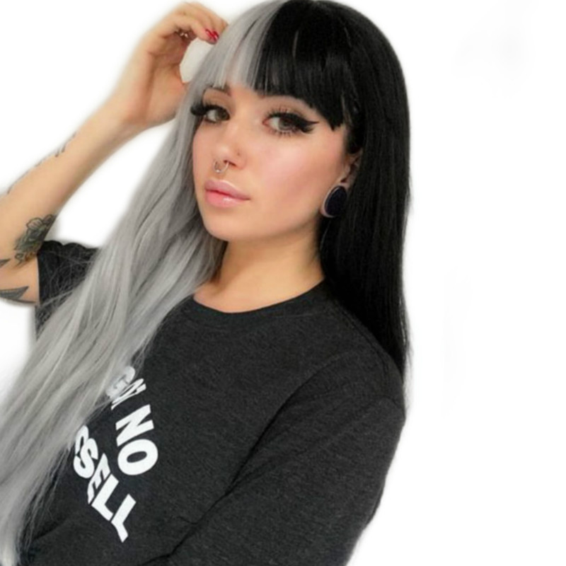 Wig for women long straight black and gray yin and yang colors fashion chemical fiber wig