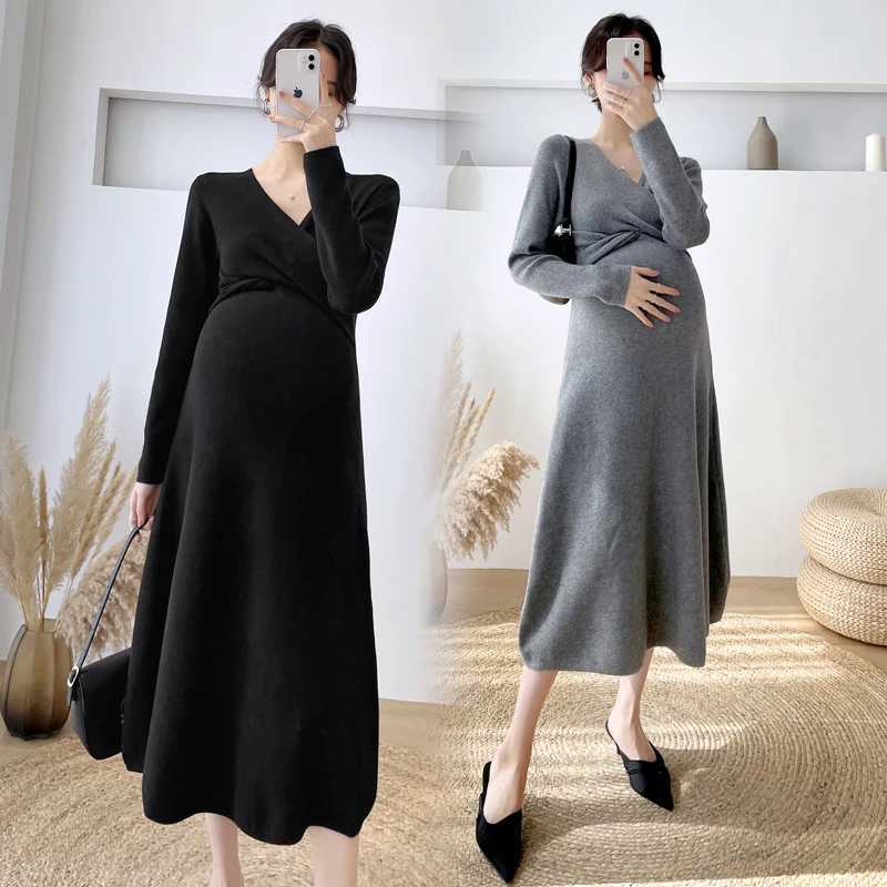 Across V-neck ultra-thin waist knitted long dress for pregnant women elegant autumn and winter maternity wear W241026