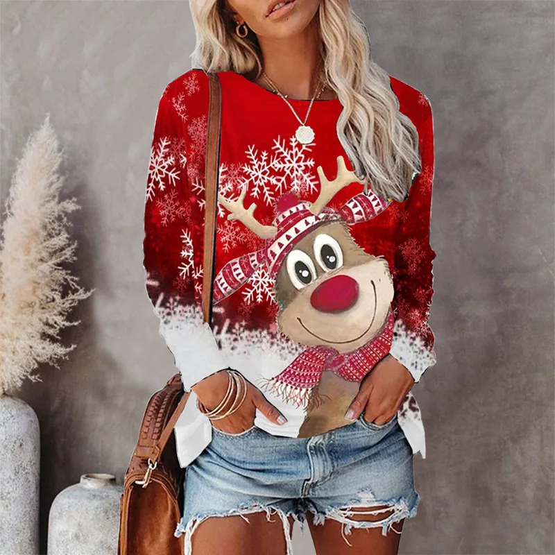 Cartoon Christmas Deer Women Fashion TShirts Long Sleeve Autumn Winter Street Hip Hop Pullovers Tops RoundNeck Tees 241025