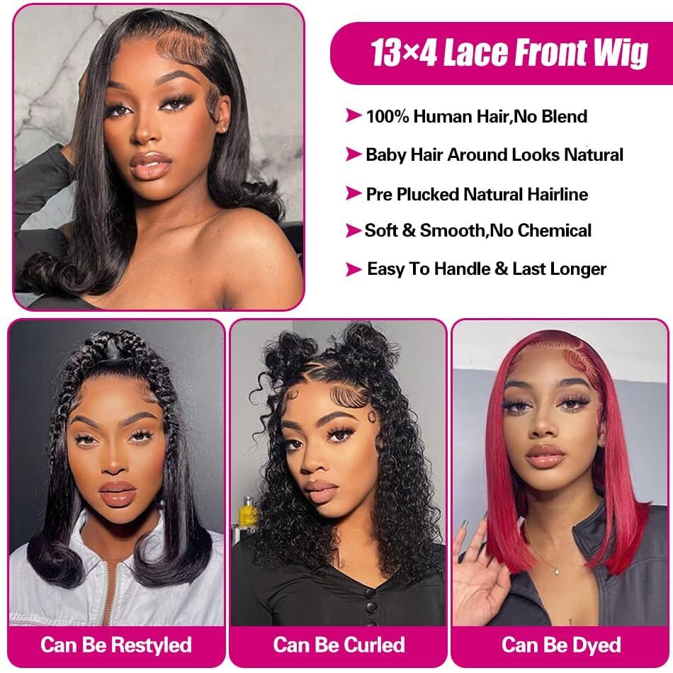 200% Density 13X4 Front Human Pre Plucked With Baby Hair Straight 4x4 Lace Closure Short Bob Wigs