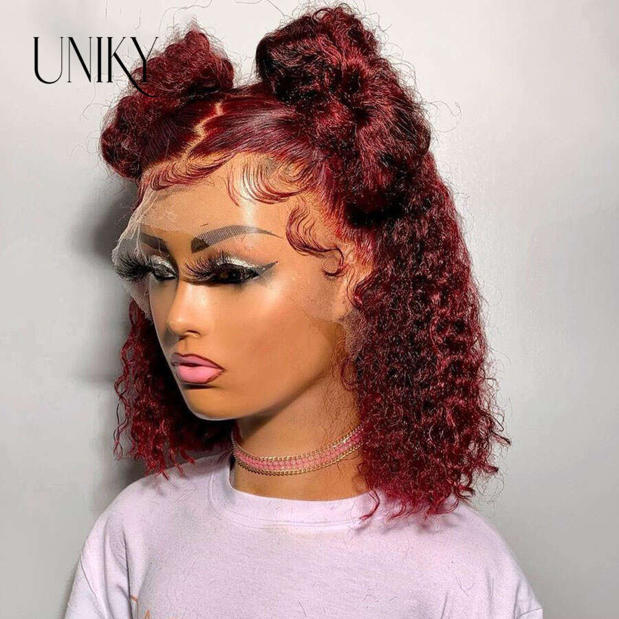 Red Bury 99J Color Kinky Curly Short Cut Blunt 13X4 Frontal Human Hair Bob Wigs 4X4 Lace Closure Preplucked Wig