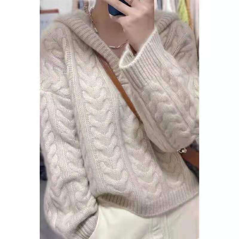 Autumn And Winter Hooded Pullover Pure Cashmere New Languid Lazy Loose Knitting Sweater Women Add Thick Twist Sw