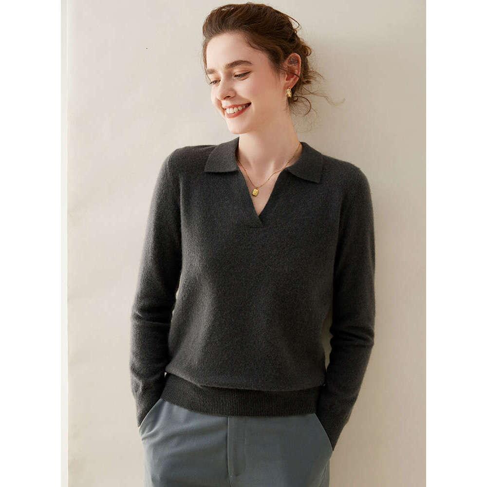 New Fashion Women's POLO V-Neck Pullover Autumn Winter 100% Cashmere Knitwear Soft Warm Solid Sweater Shirt