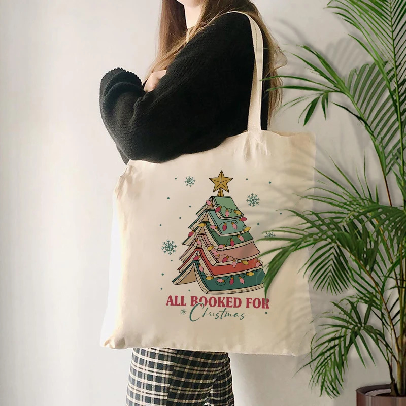 Christmas Book Tree Pattern Canvas Tote Bag Book Lovers Christmas Gift Women Shopping Bag Xmas Gift for Friends Shoulder Bags 241025
