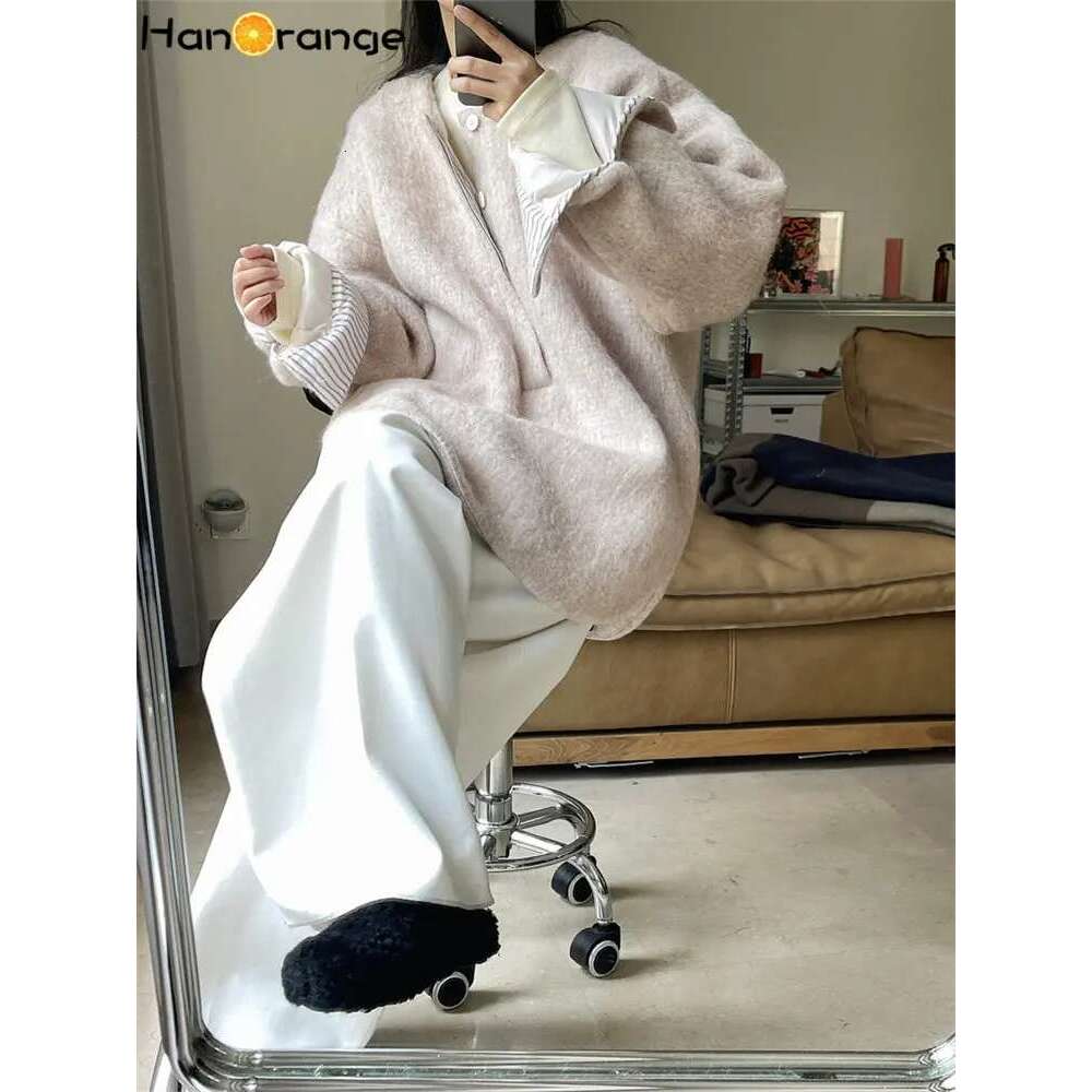 Hanorange 2024 Winter Casual Lazy Long Wool Coat Women Pullover Warm Silhouette Solid Color Outwear Female Grey/Pink