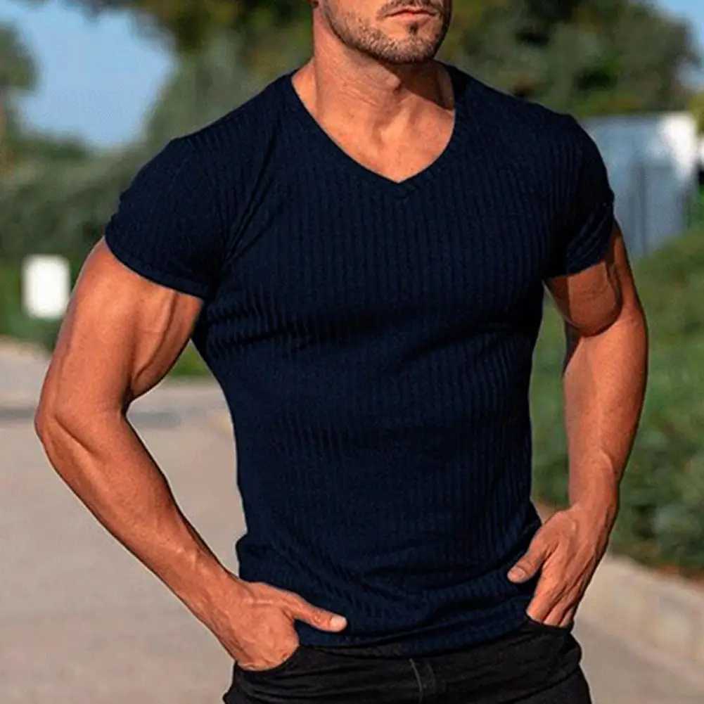 Dp V-neck mens T-shirt low cut V-neck wide V-neck mens T-shirt hidden lingerie pattern conical hem slim fit short sleeve W241026