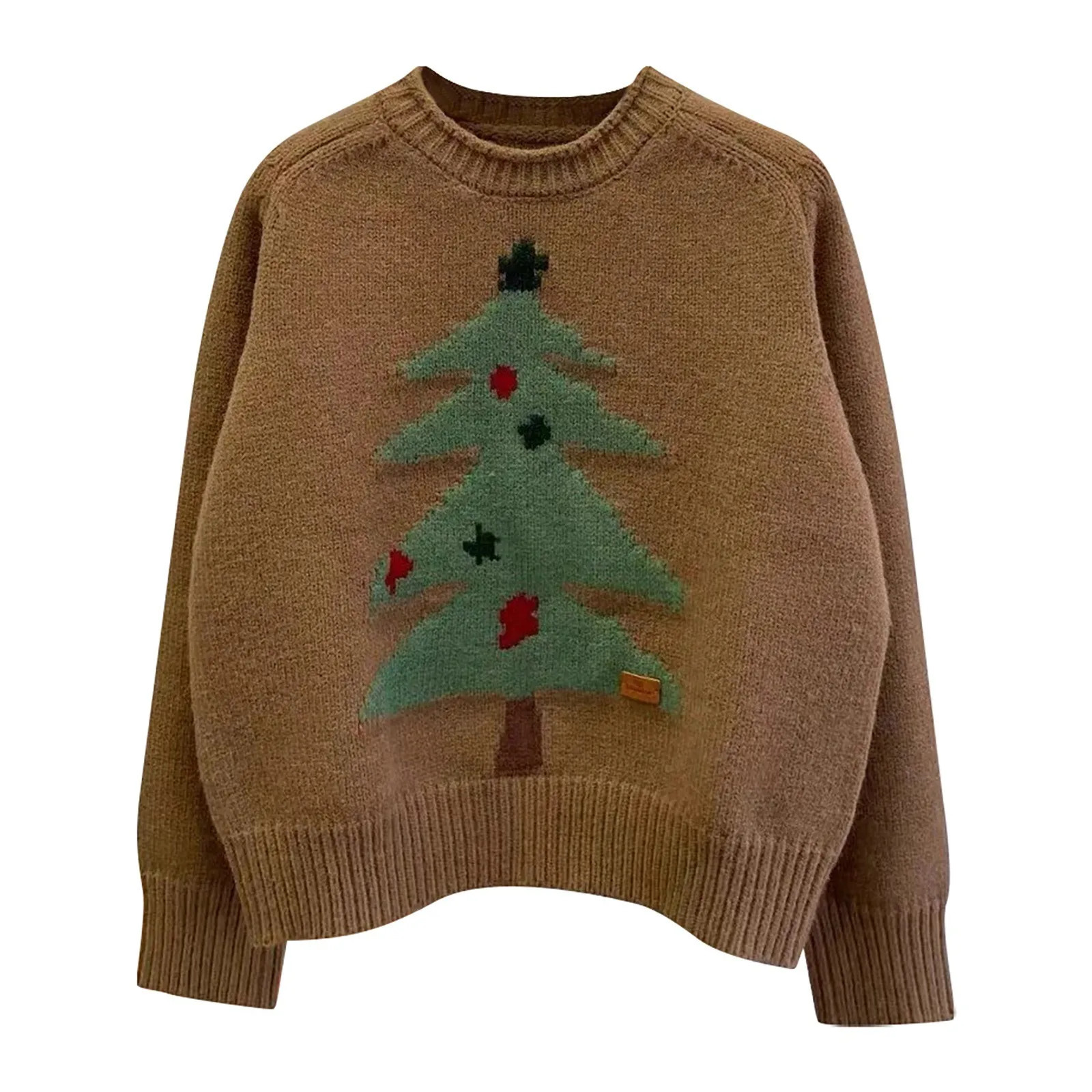 Christmas tree print collar knitted sweater for autumn and winter casual long sleeves with floral pattern loose young sweater top 241025