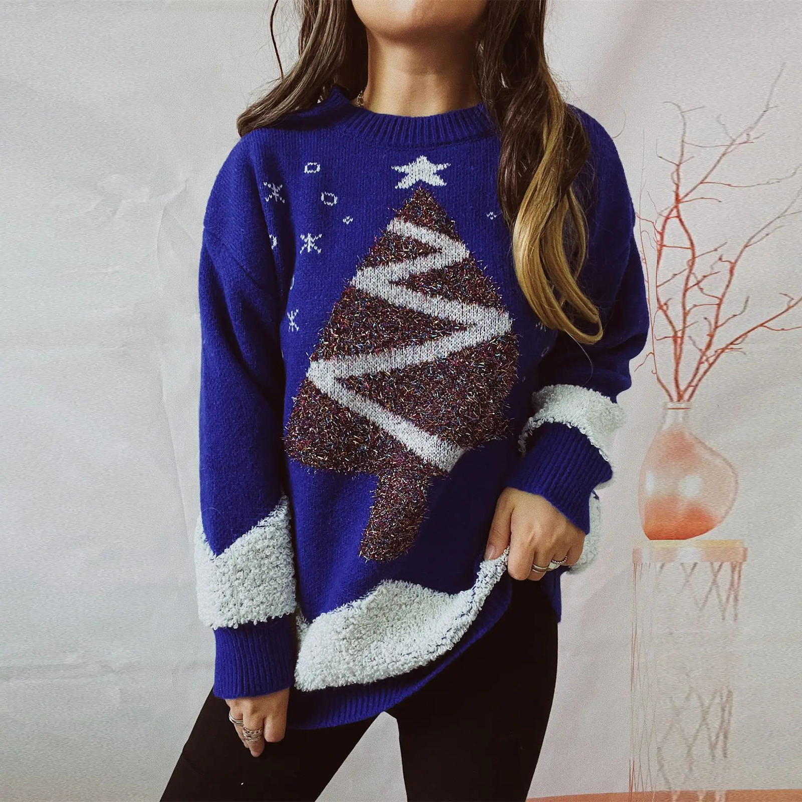 OMCHION Year Jumper Tree Gold Thread Flocked Christmas Sweater Round Neck Long Sleeve Loose Knitted Zipper 241025