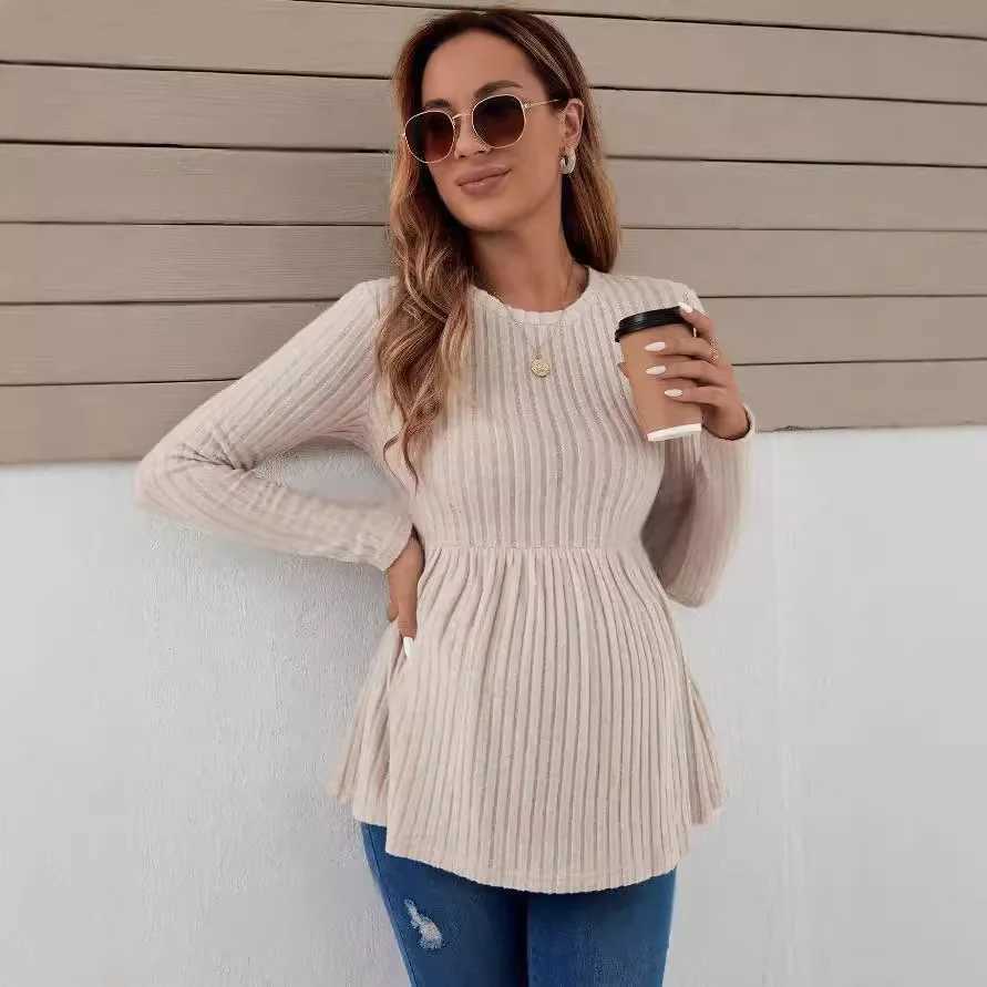 Pregnant womens dress shirt spring and autumn long sleeved pregnant womens shirt solid color floral pregnant womens T-shirt W241026