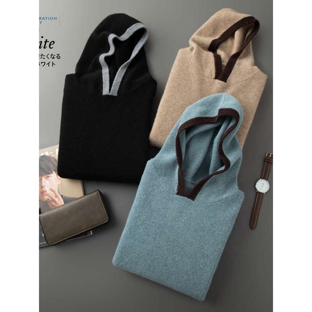 High-End Men's Hooded Sweater Autumn Winter Loose Long Sleeve Casual Pullover 100% Cashmere Knitwear Korean Hoodie Tops