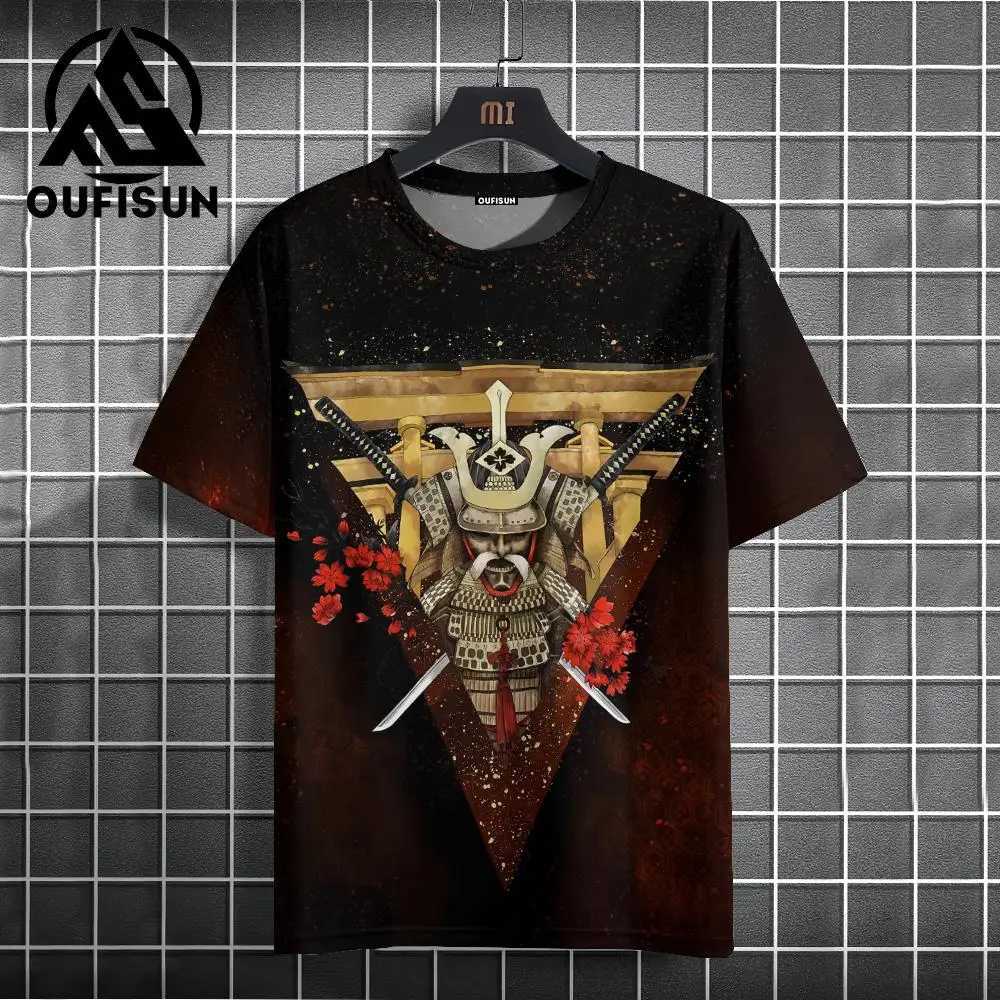 Japanese style mens T-shirt warrior pattern printed T-shirt casual loose shorts Ts oversized mens summer top W241026