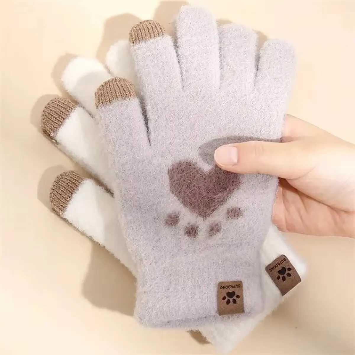 Winter Cat P Gs Warm Gloves Fashion Phone Touch Screen Knitted Gs Thick Women Soft Fluffy All Finger Gs W241026