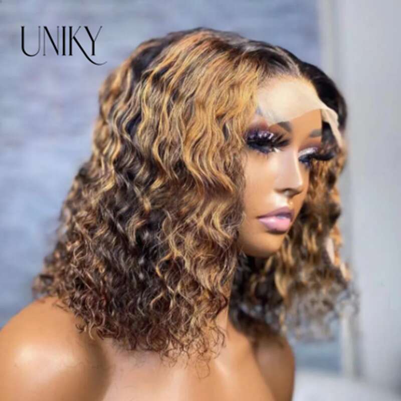 Short Curly Bob Highlight 13X4 Front Human Hair Wigs For Women Ombre Color Brazilian Deep Wave Lace Closure Frontal Wig