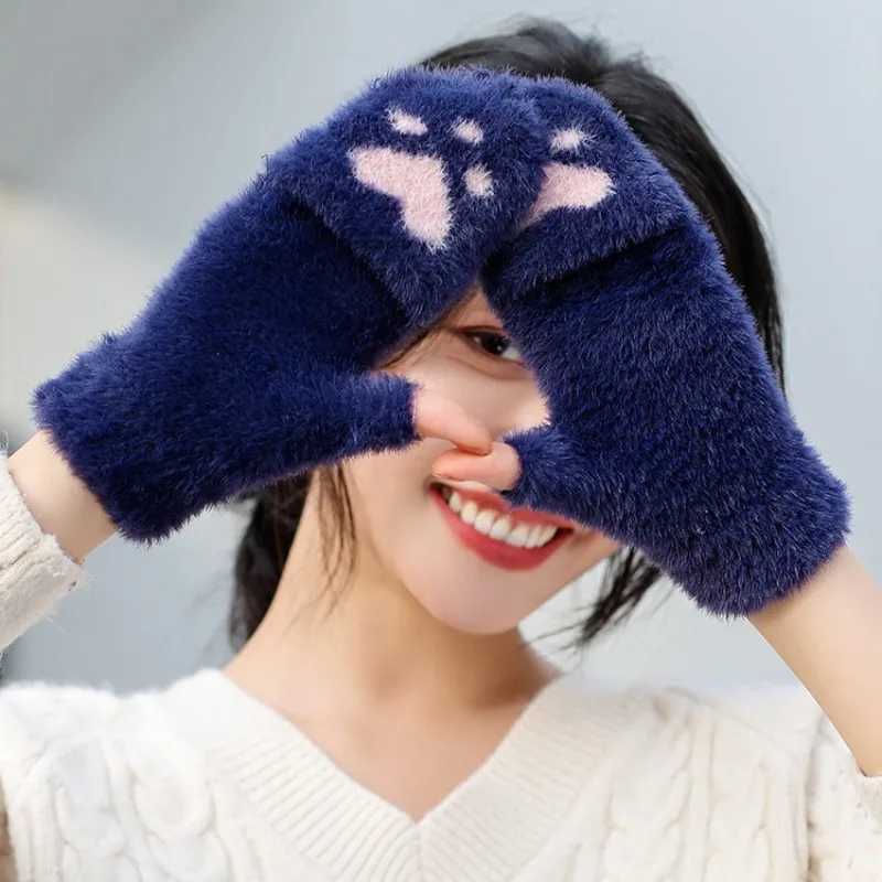 Thick Womens Warm Cat Gs Fashion Girl Cat Cl P Plush Gloves Soft Plush Short Finger Half Finger Winter Gs W241026