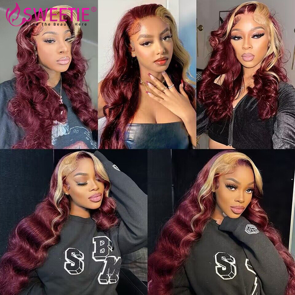 Bury 99j Red With 613 Blonde Stripe Front Wig Pre Plucked 180% 13x6 Human Hair 13x4 Lace Frontal Wigs