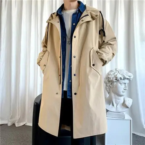 Mens Windbreaker Jacket Long Trench Oversize Loose Streetwear Hooded Vintage Black Coats High Street Casual Male Outerwear 241025