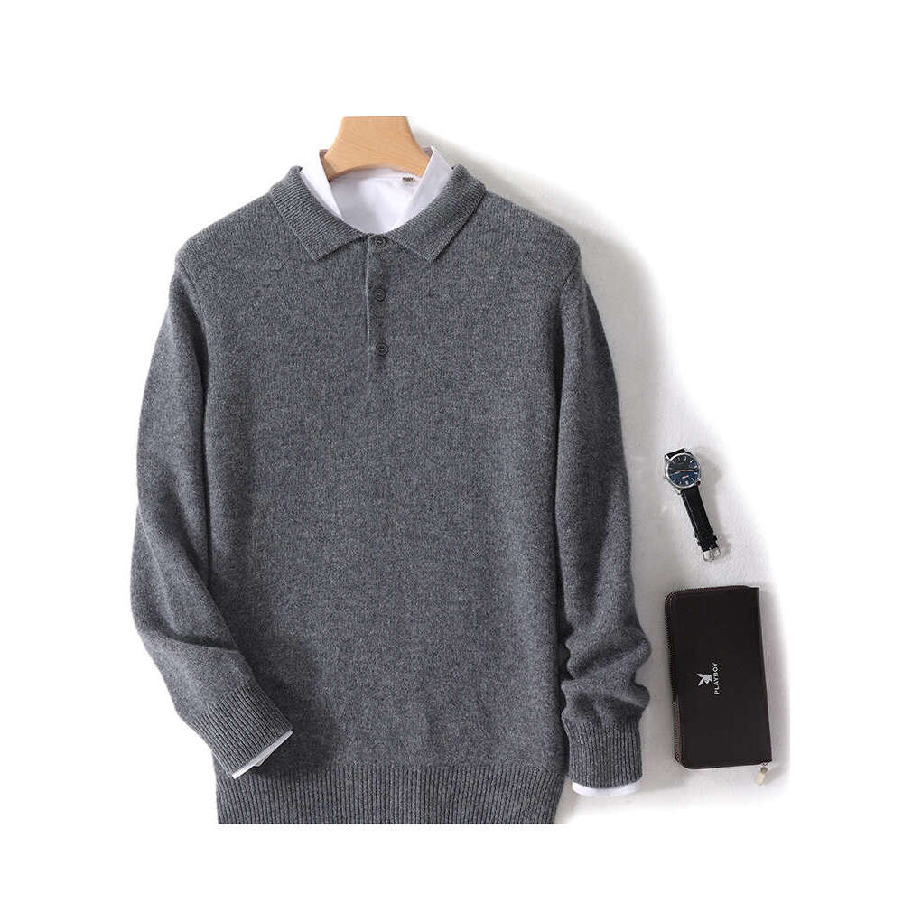 100% Merino Wool Hot Cardigans Men Lapel Pullover Long Sleeve Polo Neck Sweaters Loose Tops Knitwear Clothing Large Size Shirt