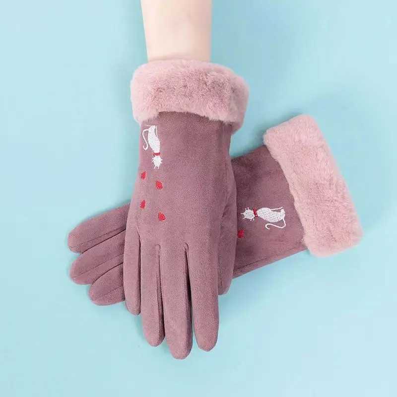 New winter women keep warm touch screen Gs driven bicycle fashionable and elegant cat embroidery cute thick suede leather W241026