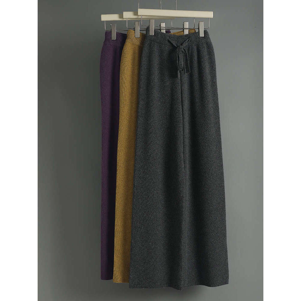 CHICUU Women Cashmere Autumn Winter Wide Leg Pants Full Length 100% Merino Wool Knitwear Basic Simple Trousers Korean