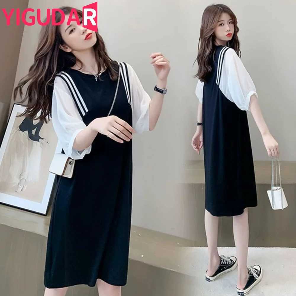 New maternity clothing set summer short sleeved Koto top shoulder strap chiffon dress diagonal loose maternity dress W241026