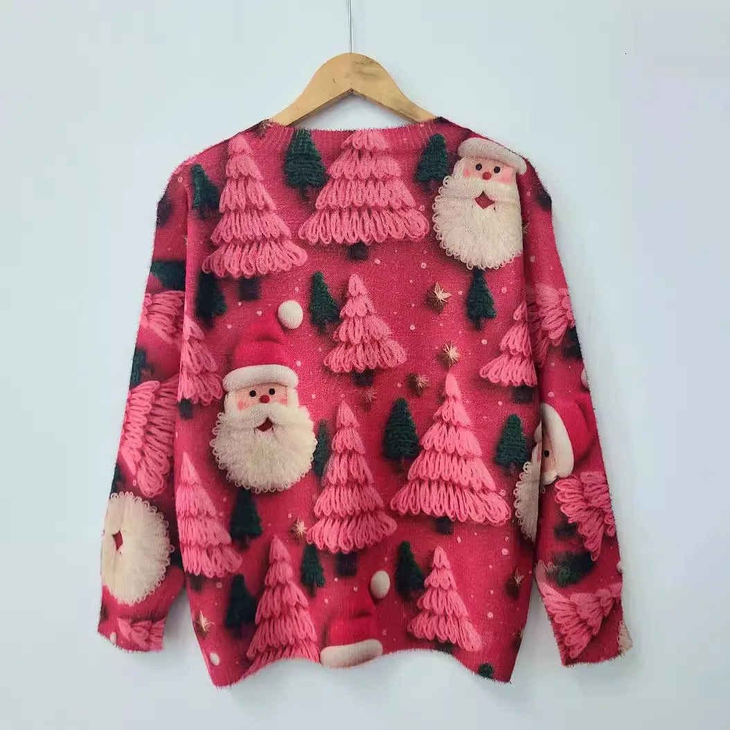 Autumn/Winter Fashionable Cute Christmas Full Print Round Neck Mink Print Sweater 241025