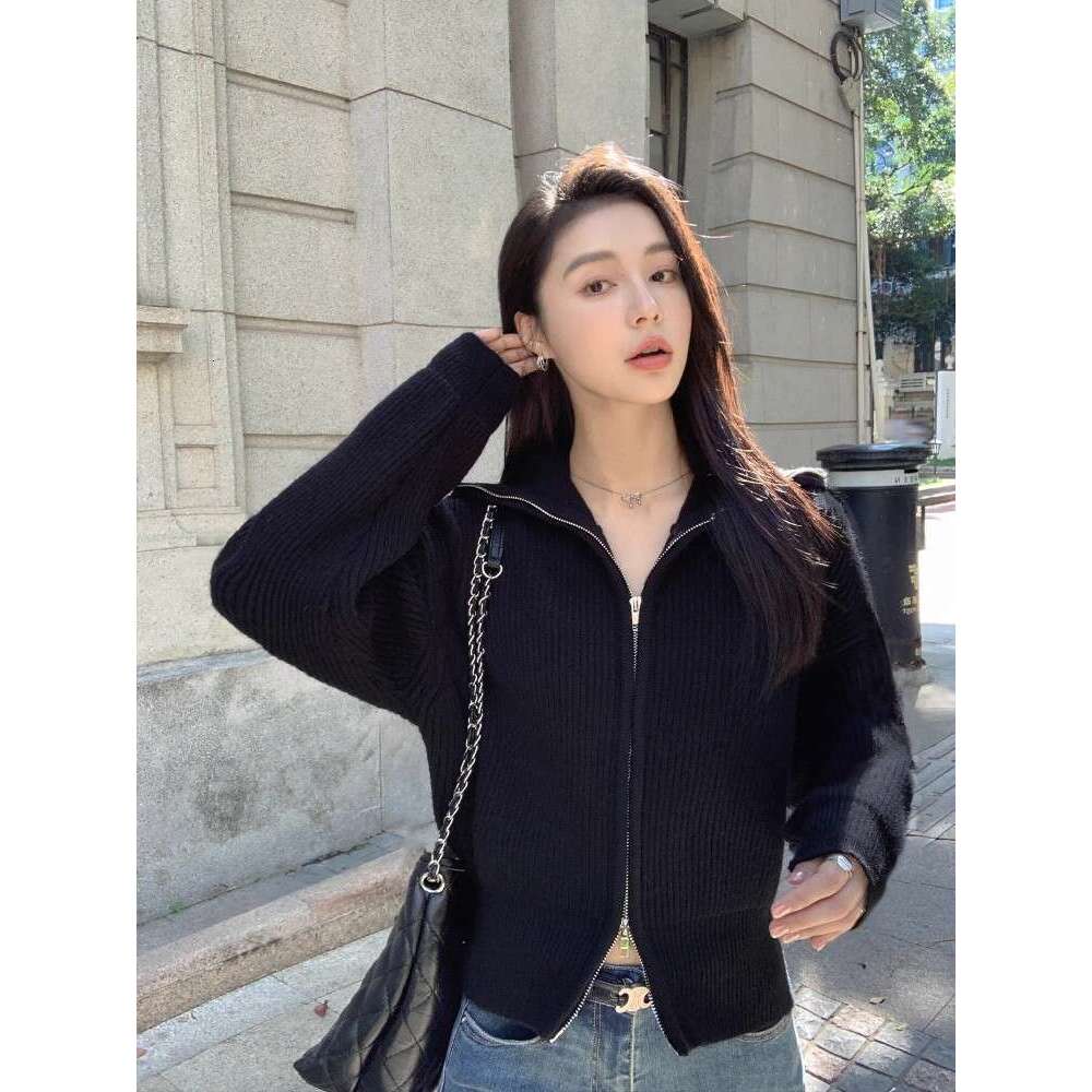 Flip Zipper Sweater Jacket For Women's Autumn And Winter New Versatile High Collar Lazy Style Knitted Cardigan