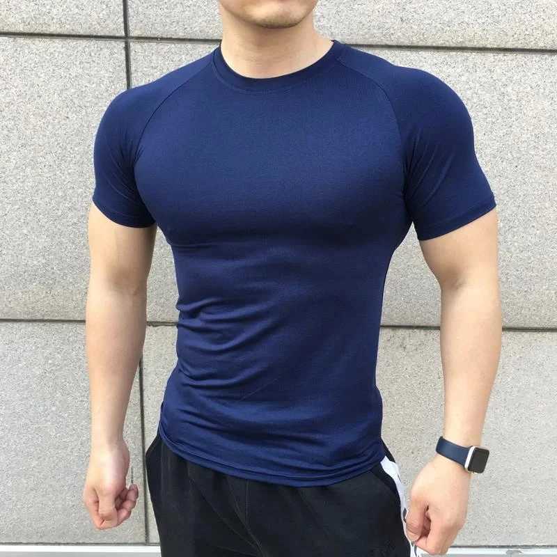 2024 New Mens Summer Short Slip Shirt Running Sports Fitness Compression T-shirt Casual Elastic Strength Top W241026