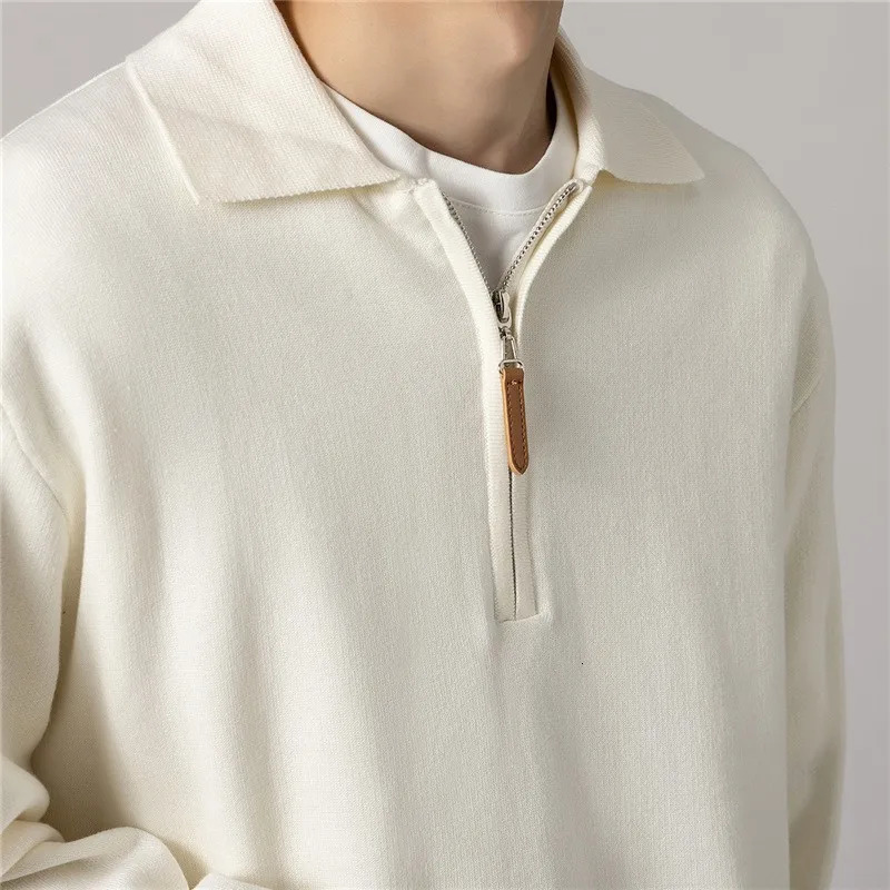 Autumn Clothing Mens Knitted Polo Shirt Casual Fashion Zippers Solid Color Long Sleeve Pullovers Leisure 241025