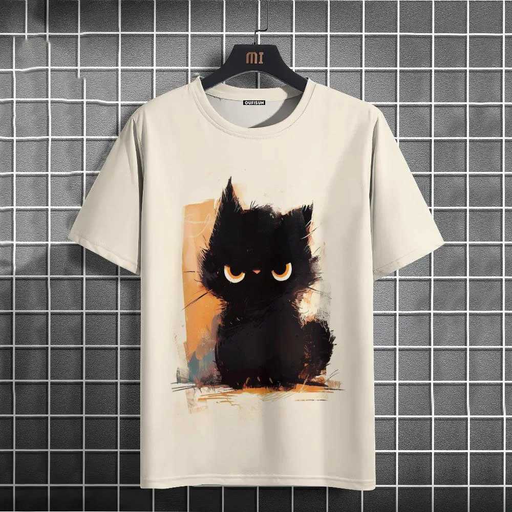 Mens casual T-shirt funny animal black cat short Slve T-shirt summer oversized T-shirt hip-hop sportswear mens clothing top W241026