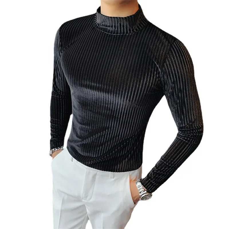 New gold velvet T-shirt mens clothing fashion trend mens luxury dance party long sleeved striped floral top W241026