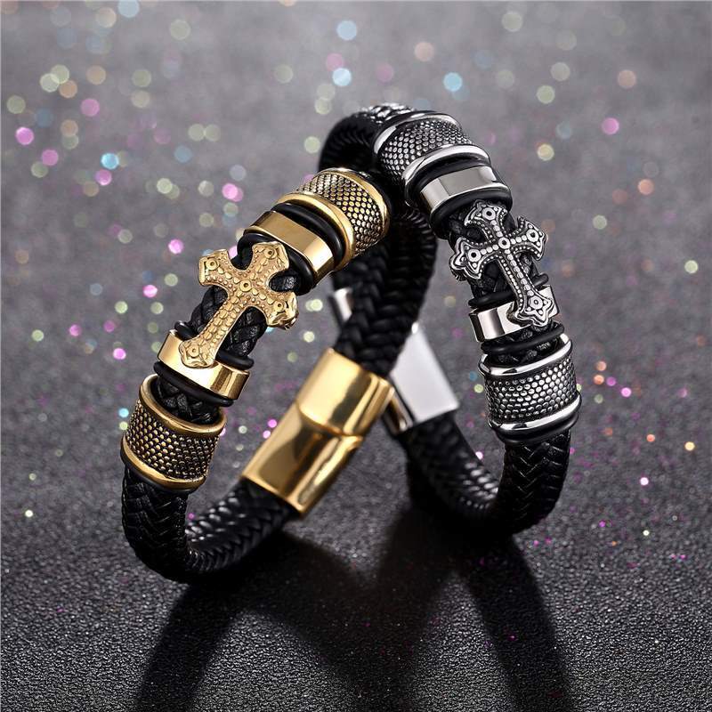 handmade PU woven cross men's leather bracelet trend