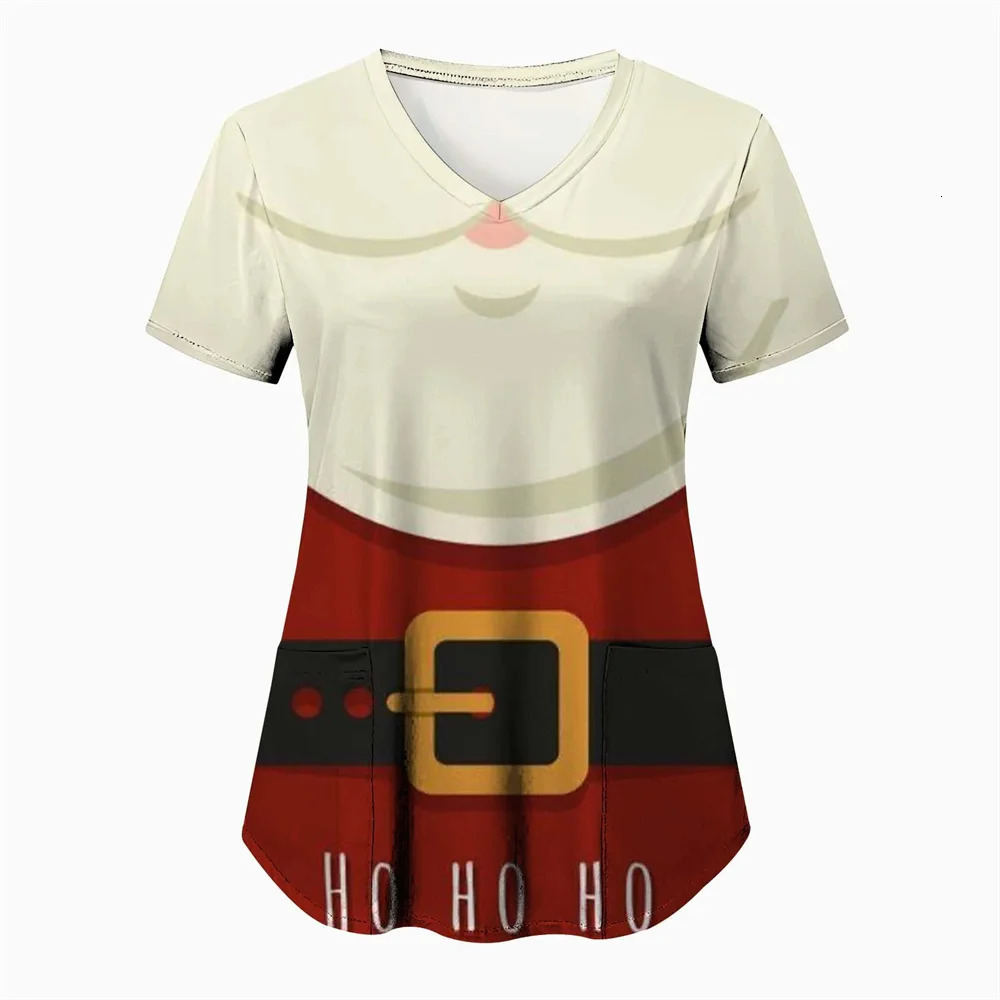 Women Christmas Nursing Scrubs Tops Working Uniform Blouse Short Sleeve Vneck tee Blusas Clothes Nurses Tunic 241025