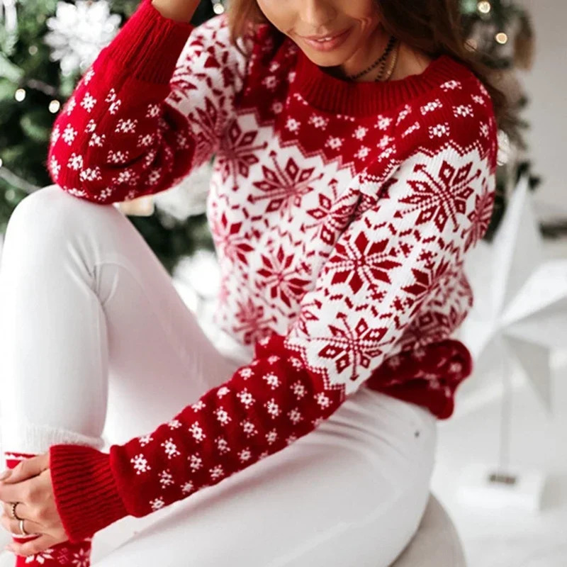 Womens Christmas Sweater Chiffon Printed Long Sleeve O-Neck Knitted Casual Soft Pullover Top Jacquard Jumping Pullover for Women 241025