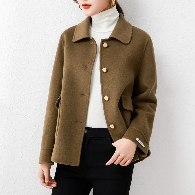 Camel DoubleSided Cashmere Coat Womens Short Square Collar SingleBreasted HighEnd Slim Wool Coats and Blends Suit Jackets 241025